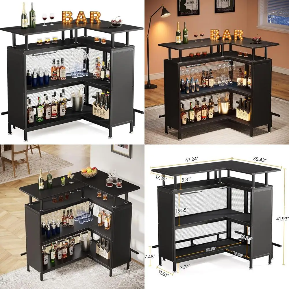 

L-Shaped Home Bar Unit with Stemware Racks, 2-Tier Shelves, and Mini Liquor Cabinet in Black