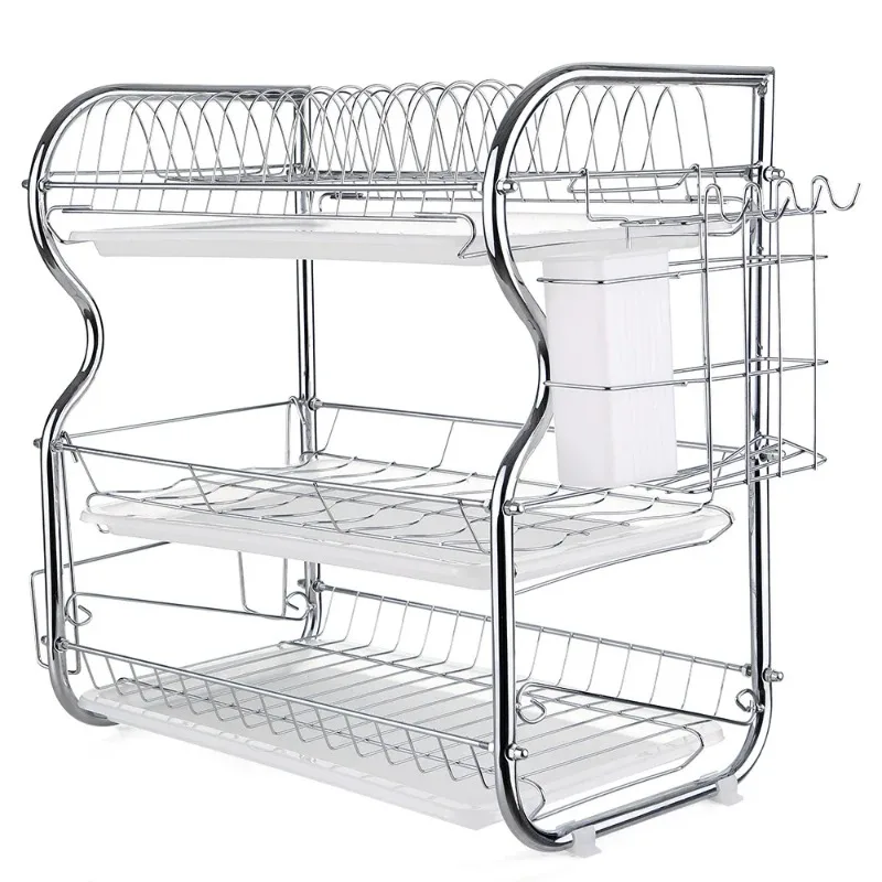 3-Tier Dish Drying Rack Kitchen Dish Organizer Storage Shelf Rust-Proof Draining Rack with Chopsticks/Knives/Cutting Board Holde