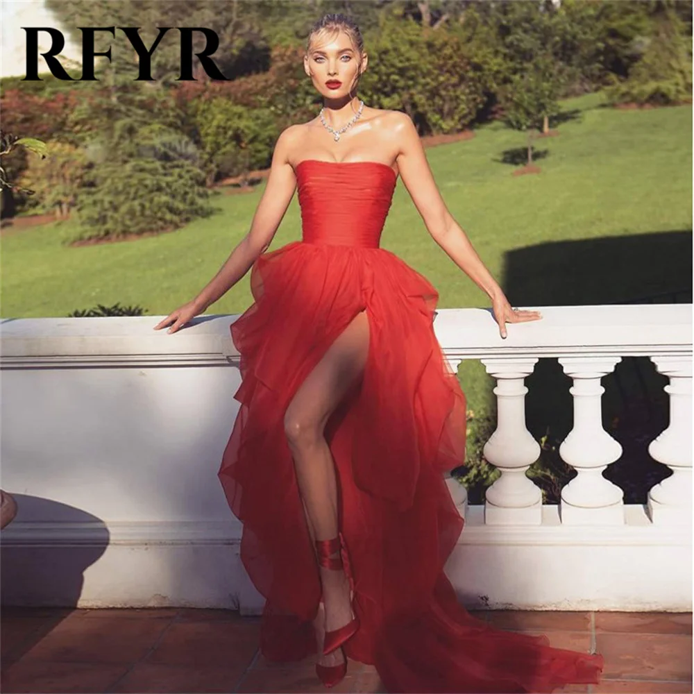 

RFYR Red Tulle Evening Dresses Charming Beach Tiered Layer Prom Dress with Slit Party Dresses Plus Size Custom vestidos de noche