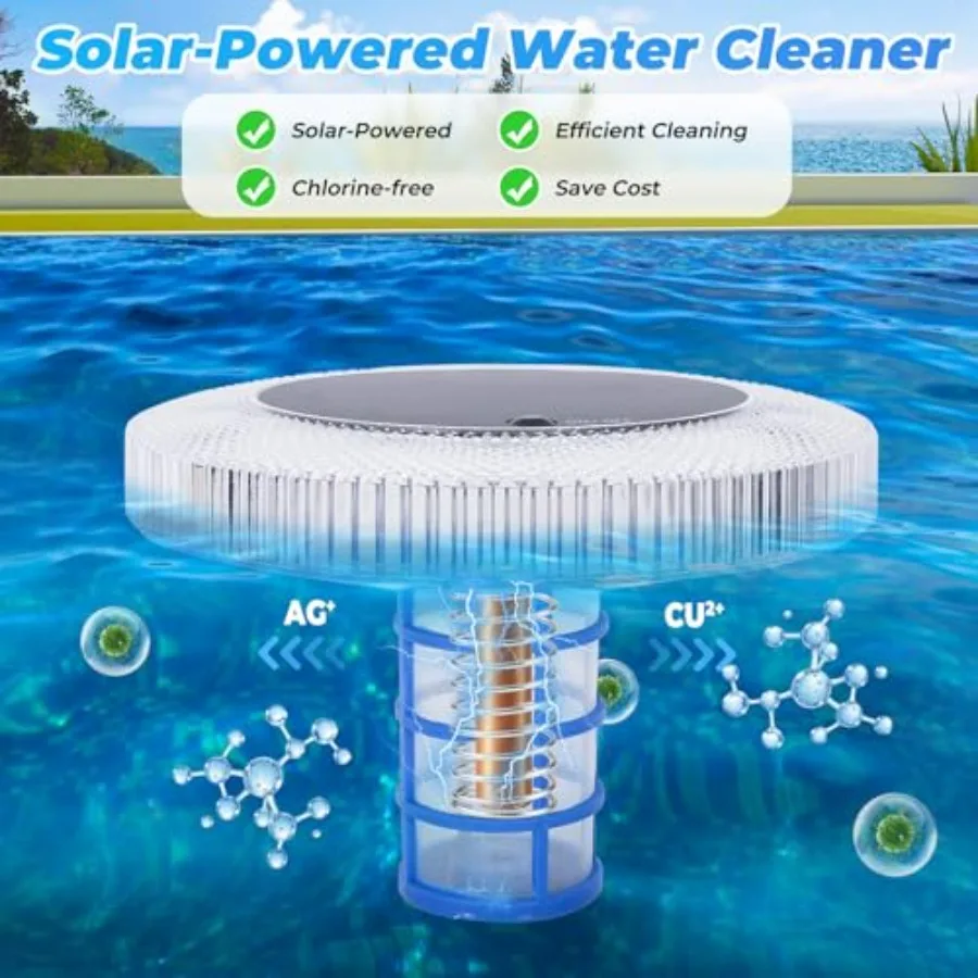 Solar pool ionizer with LED light for above-ground and in-ground pools, copper-silver alloy, blue, reduces chlorine by up to 85