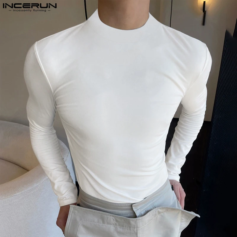 INCERUN Men Solid Color Base Shirt 2024 Casual Long Sleeve Tops Half High Collar Simple T-shirts Warm Handsome Male Elegant Tees