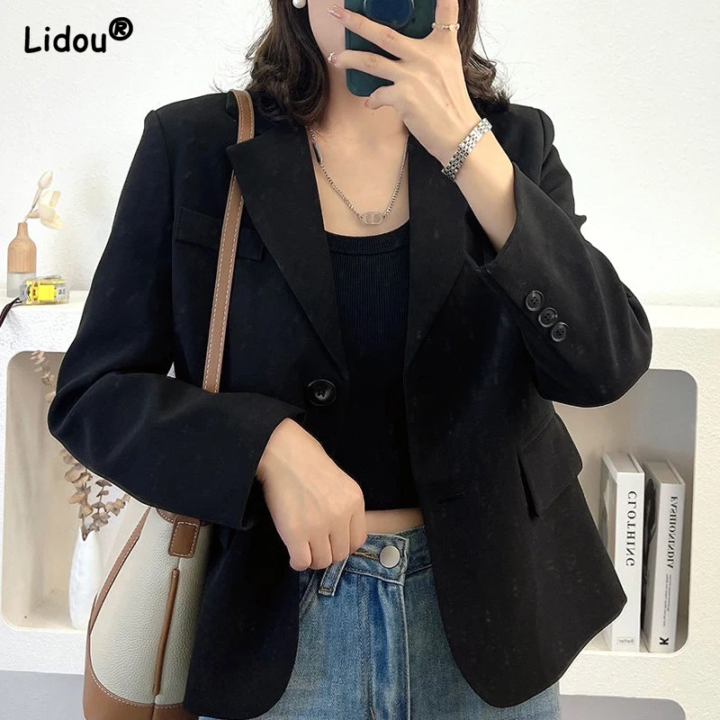 Straight Business Casual Simple Office Lady Loose Blazers Notched Solid Color Pockets Button Women's Clothing Autumn Winter