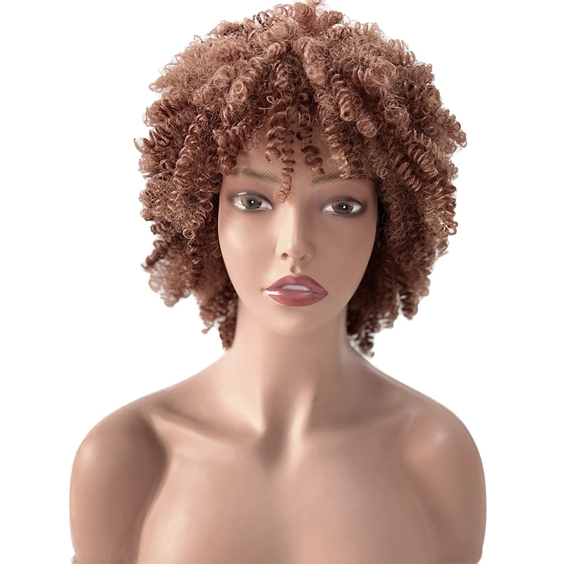 Perucas sintéticas encaracoladas afro curto com franja marrom peruca de cor natural para preto feminino 12 polegada fibra calor uso diário festa