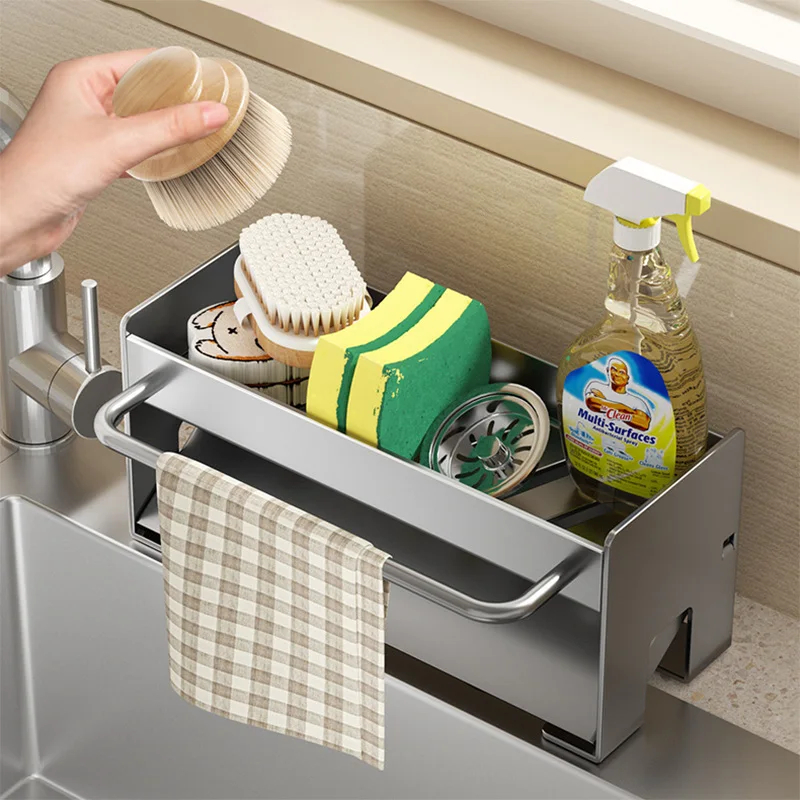 Kitchen Sink Drain Rack Organizer Sponge Holder Stainless Steel Storage Rack Soap Drainer Dishcloth Towel Bar Countertop Shelf