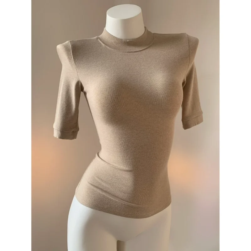 Slim Fit High Neck Half Sleeve T-Shirt Women's Spring Summer Casual Pure Color Waist Cinching Top Daring Chaste Atmosphere