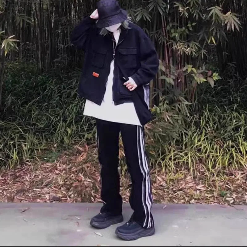 

2024 Fashion casual pants Ladies Fall plus-size Harbor wind High street loose straight leg long pants striped sweatpants