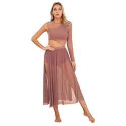Womens Lyrical Dance Dress Cutout Mesh Patchwork Modern Latin Dance Contemporary Dancewear Stage Performance Ballerina Costume