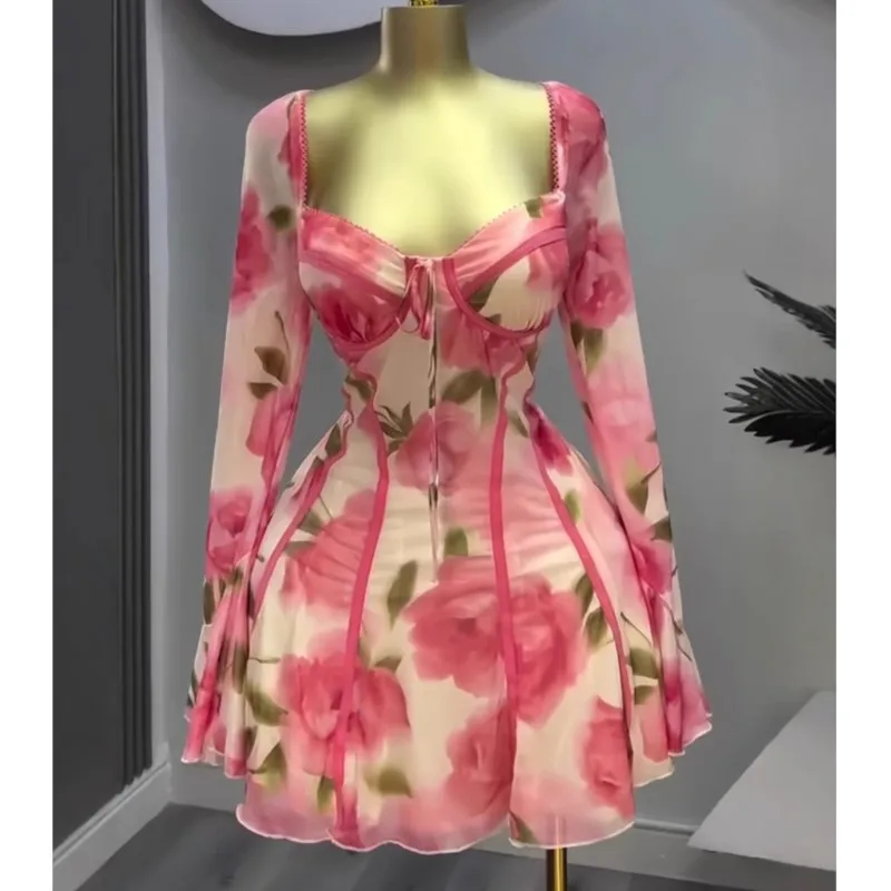 ผู้หญิงแฟชั่นชุดลําลองแขนยาว Tie Ruffle ดอกไม้ชุด Full Body พิมพ์เซ็กซี่หญิง Night Club Vestido