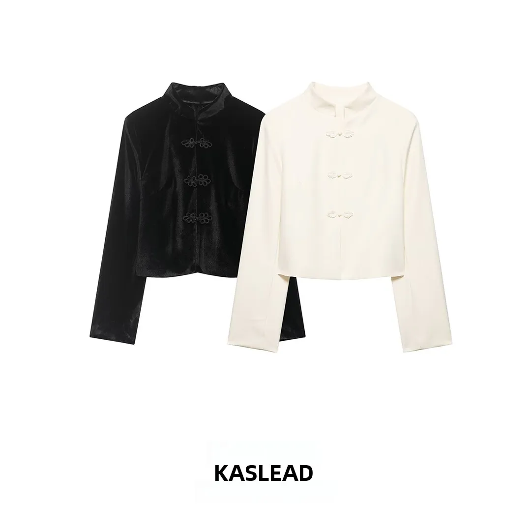 

KASLEAD New Women's Casual Velvet Jacket Collar Button Design Versatile Long Sleeve Polyester Fiber Spring Fashion Trend