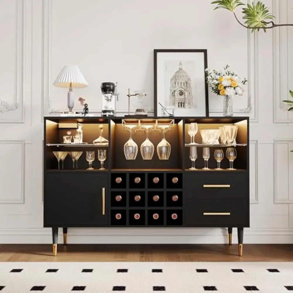 

47'' Wine Bar Cabinet w/Storage, Home Coffee Bar Liquor Cabinets with Wines Rack & Glass Holder & LED Light, Wine Cabinet