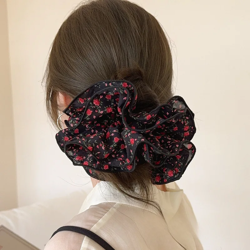 Vintage Floral Layered Scrunchies Premium Elastic Hair Ties for Women Low Ponytail Holder Autumn Daily Hair Accessory