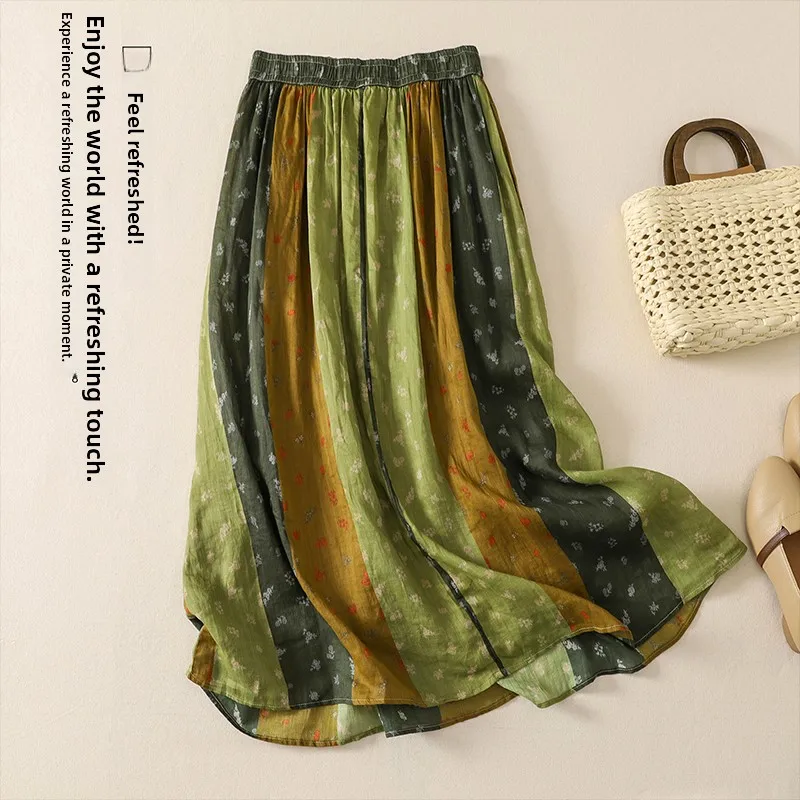 Summer 2026 Floral Print Color Block Long Skirt Women's Loose Fit Umbrella Skirt Midi Dress Daily Wear Artistic Style Polyester