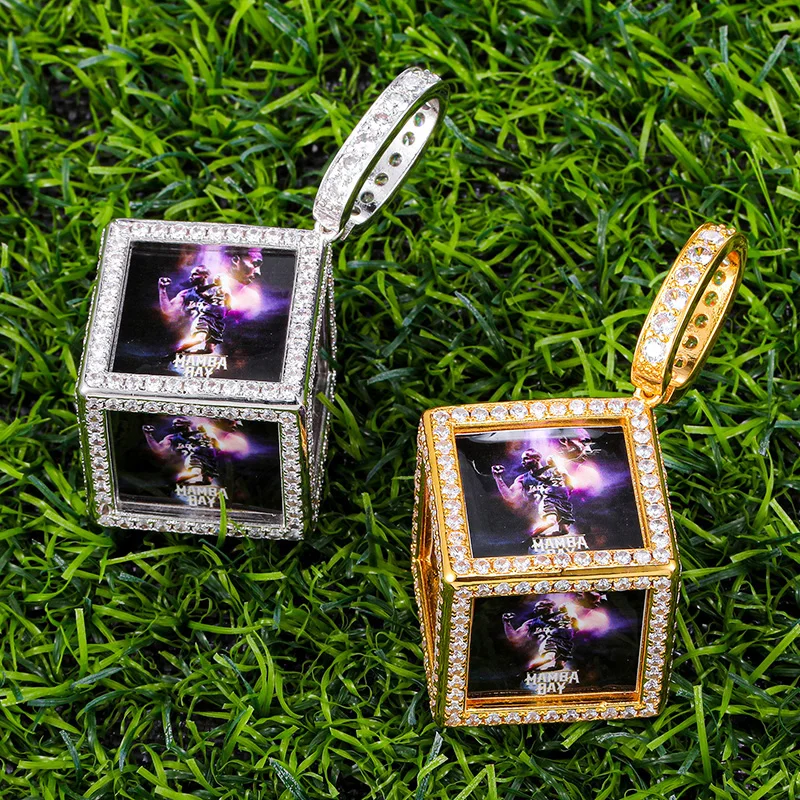 Hip Hop Jewelry Iced Out CZ Baguette Zirconia Memory Medallions Cube Customize Photo Pendant Custom Picture Pendant Necklace