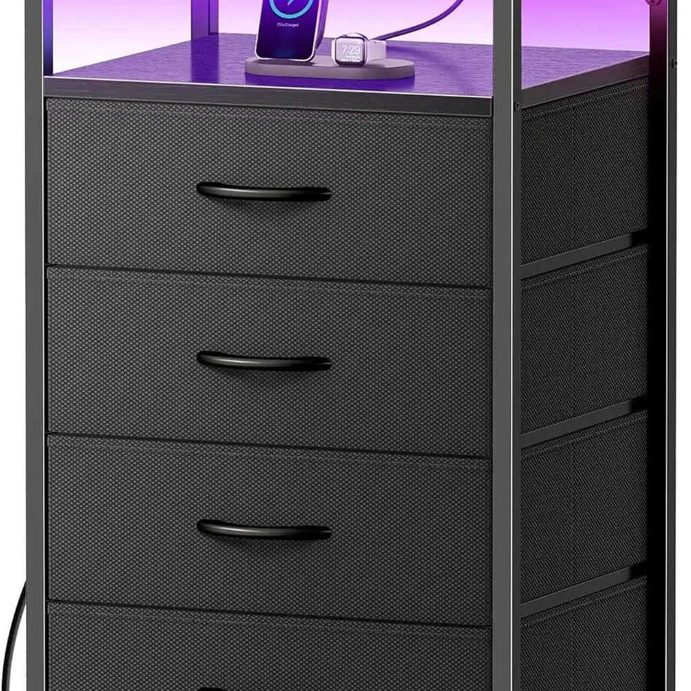 LED照明付き4段引き出しナイトスタンド、充電ステーションとオープンシェルフ付き、寝室用、ブラック