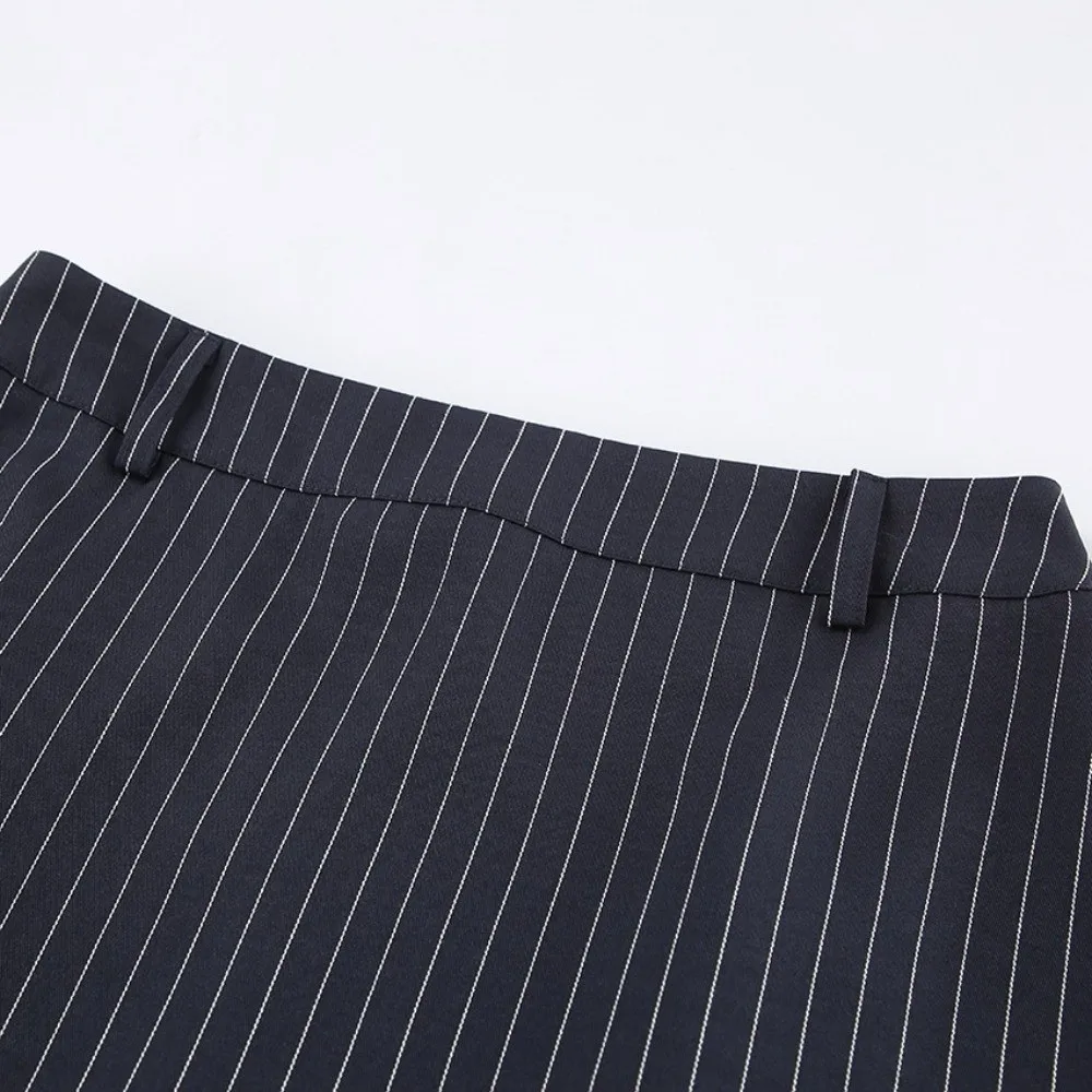 Chic Stripe Print Two Piece Skirt Outfit Halter Neck High Waist Skirt Suit Fitted Waist Work Outfit For Business Wear