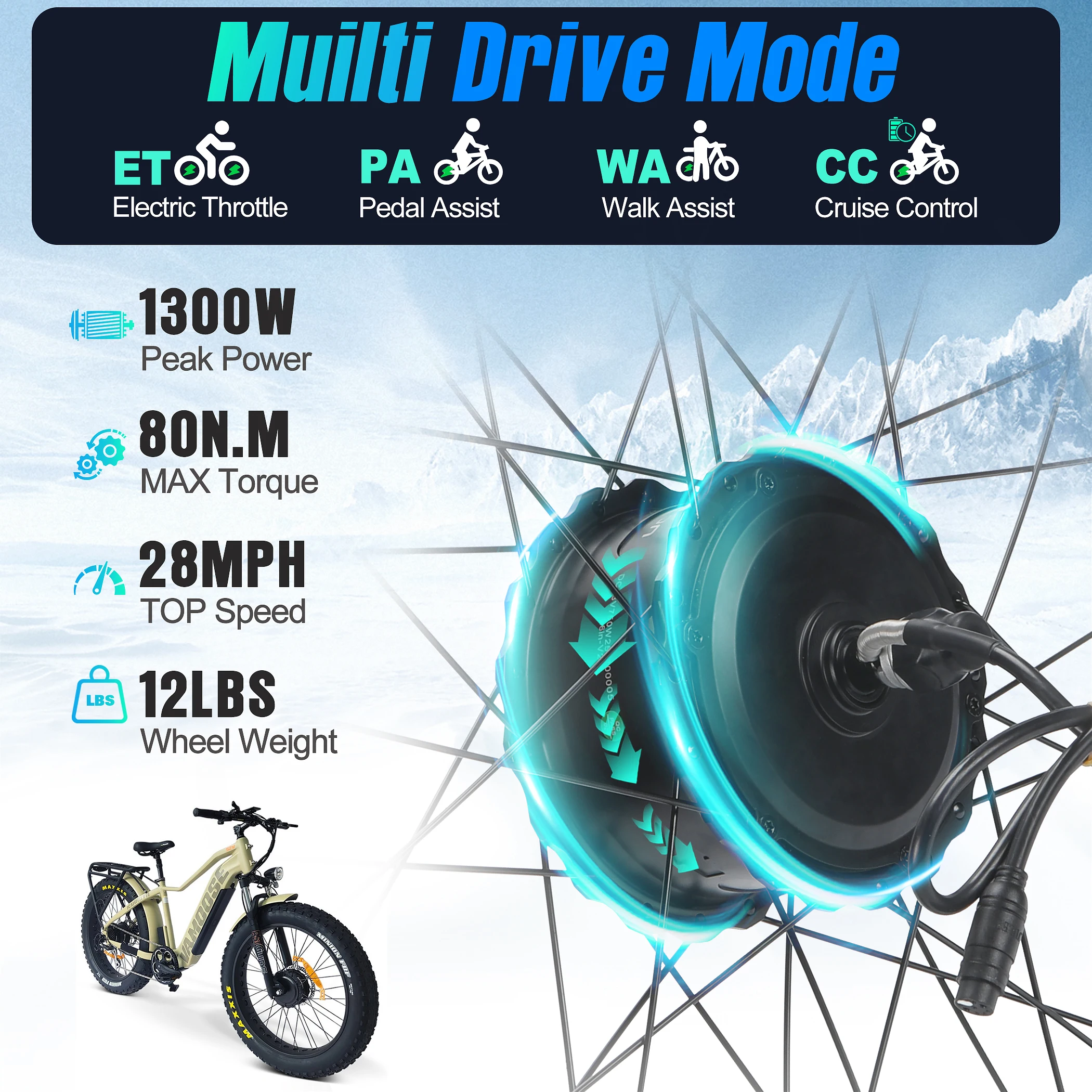 Kit de conversão para bicicleta elétrica Fat Tire, kit de motor de cubo dianteiro de 750 W para bicicleta elétrica, torque de 80 N.m, velocidade máxima de 28 mph, 20 "26" opcional