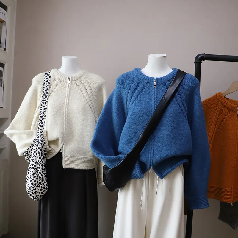 プレミアムパンプキンオレンジダブルジッパーニットセーター Jaet レディースルーズフィット秋冬新作 Sle ニットウェアカーディガン