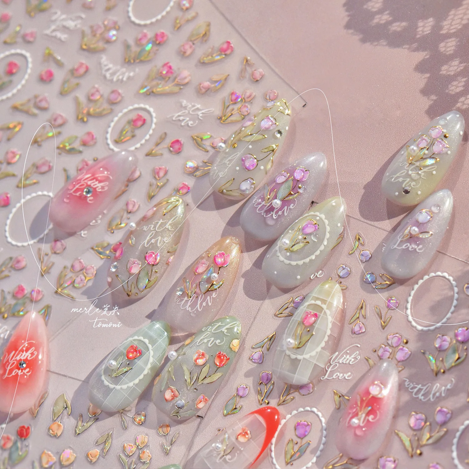 

Retro Border Colourful Pink Purple Tulip Flower Bouquet Garden Fragrant 5D Soft Relief Adhesive Nail Art Sticker Manicure Decals