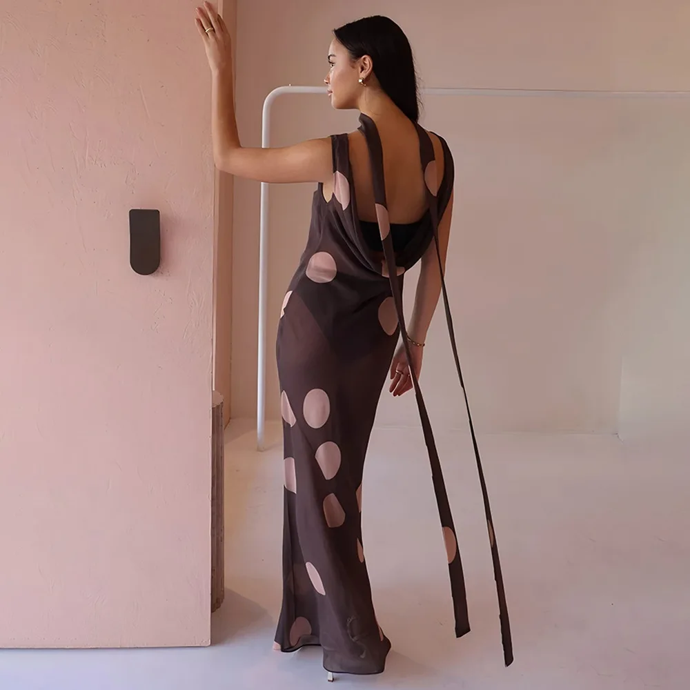 Платье макси с лентой в горошек и круглым вырезом для женщин, элегантное сексуальное платье без рукавов с открытой спиной, модное клубное вечернее длинное платье с высокой талией