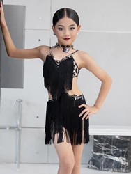 VENNY Latin dance dress for girls and children leopard-print fringe style training dress with professional suspender onesie