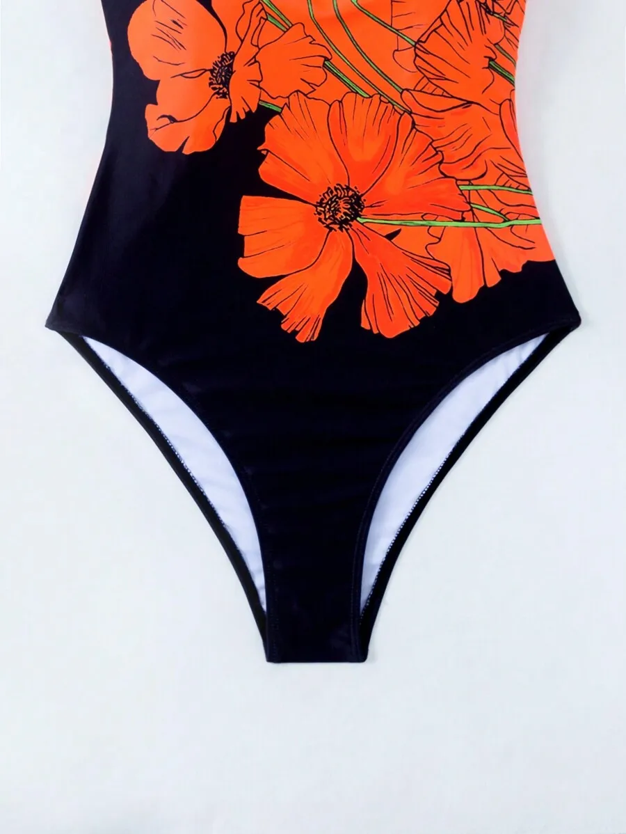 

Womens Floral Printed One-Piece Swimsuit With Orange Poppy Design