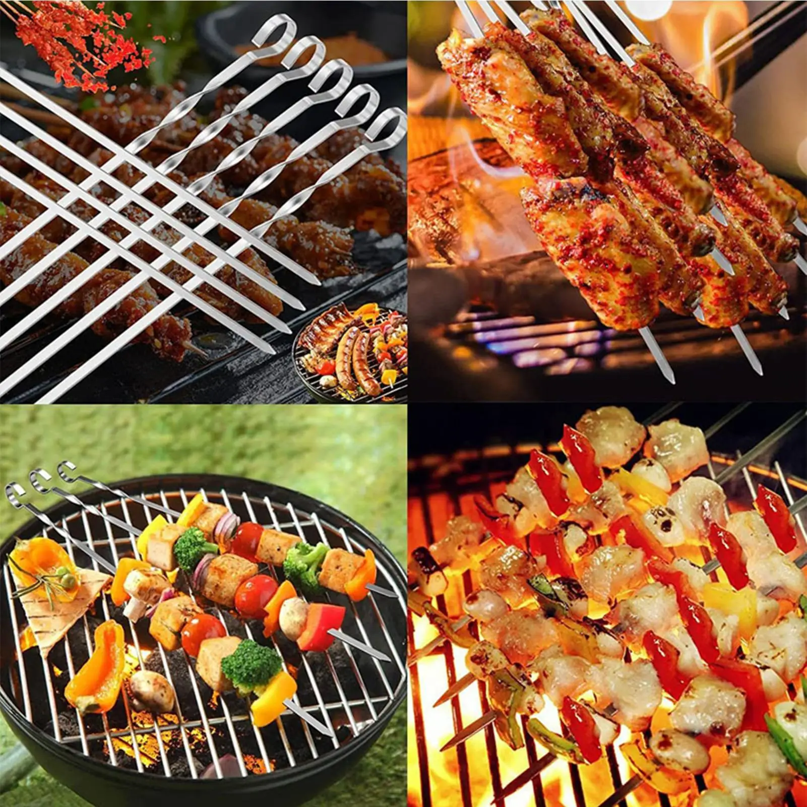 

BBQ Skewers Stainless Steel Long Flat BBQ Sticks Metal Grilling Skewers For Camping Outdoor Cooking Party Restaurant Meat