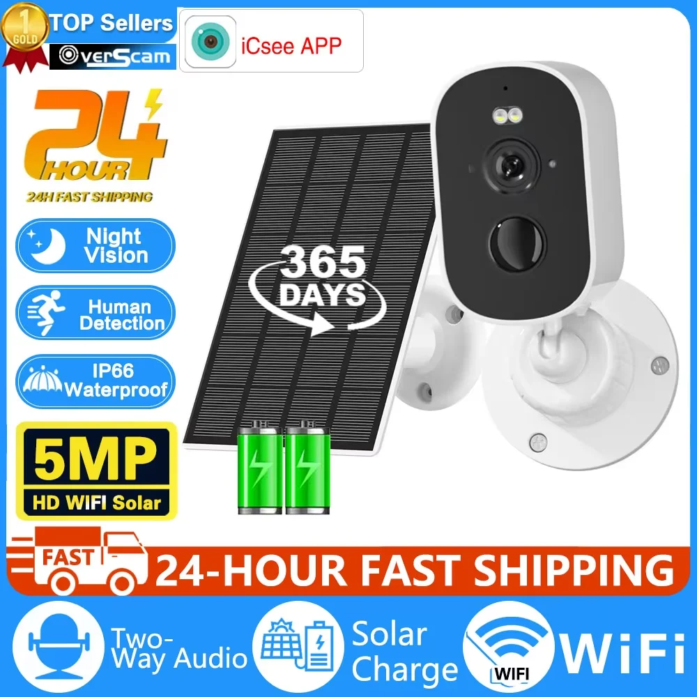 Solar WiFi Camera Outdoor Built-in Battery Wireless IP Camera Color night vision 5MP Video Surveillance Security Camera iCsee