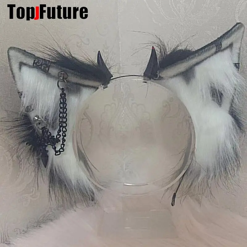 Harajuku Halloween Gothic Punk Lolita Devil\'s Horn Wolf Ear Demon Cosplay Handcraft Anime Party Costume Hairband Punk headband