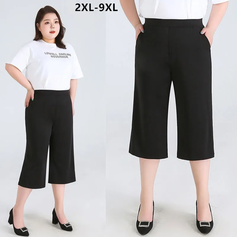 Summer Elegant Shots Capri Women Summer Thin High Waist Straight Wide Leg Loose Plus Size 6XL 8XL 9XL Black Lady Half Trousers