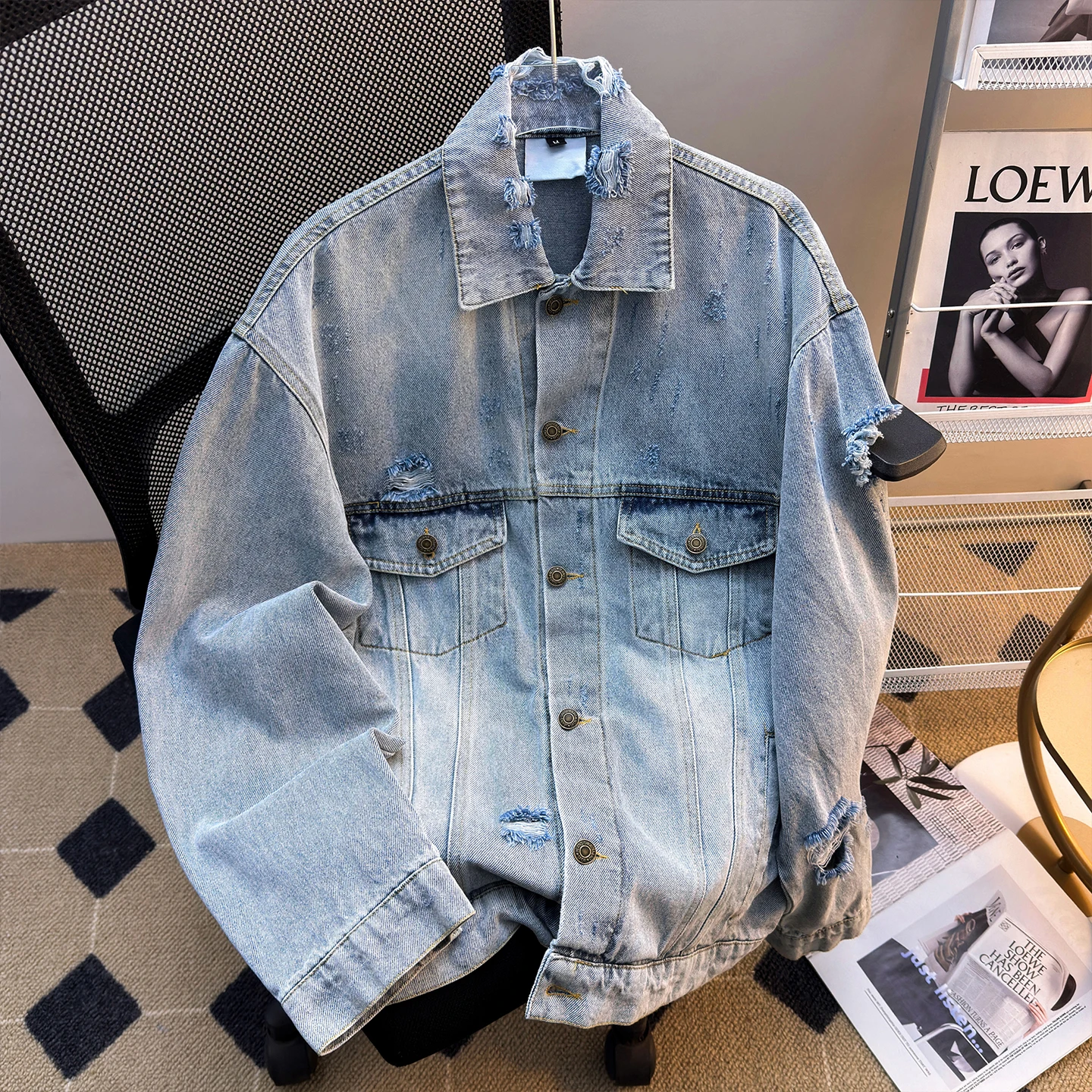 

Spring Autumn Ripped Denim Jacket For Men Lapel Patchwork Blue Jackets American Casual Fashion Retro Loose Street Style Coat
