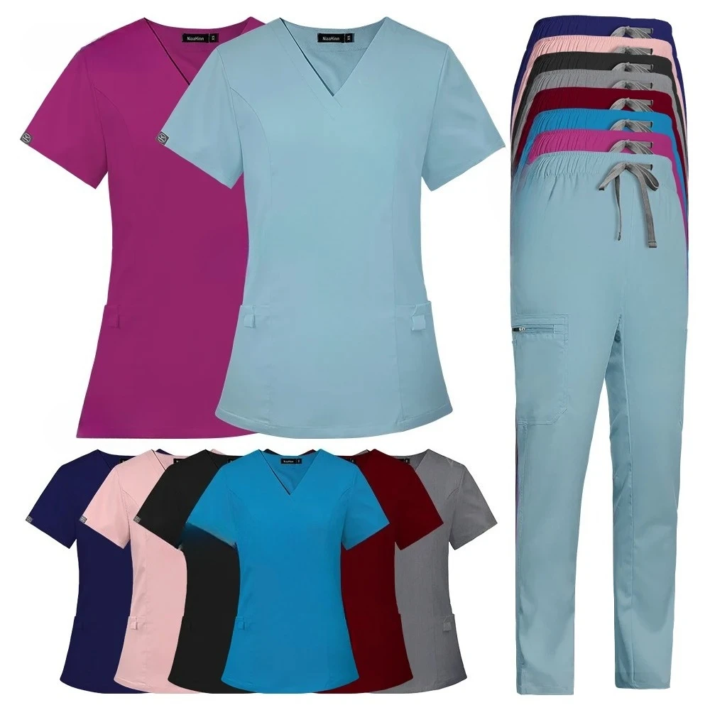 

Высококачественная хирургическая униформа, женские однотонные медицинские скрабы, комплекты рубашек с v-образным вырезом и короткими рукавами, прямые брюки, рабочая одежда, униформа для СПА