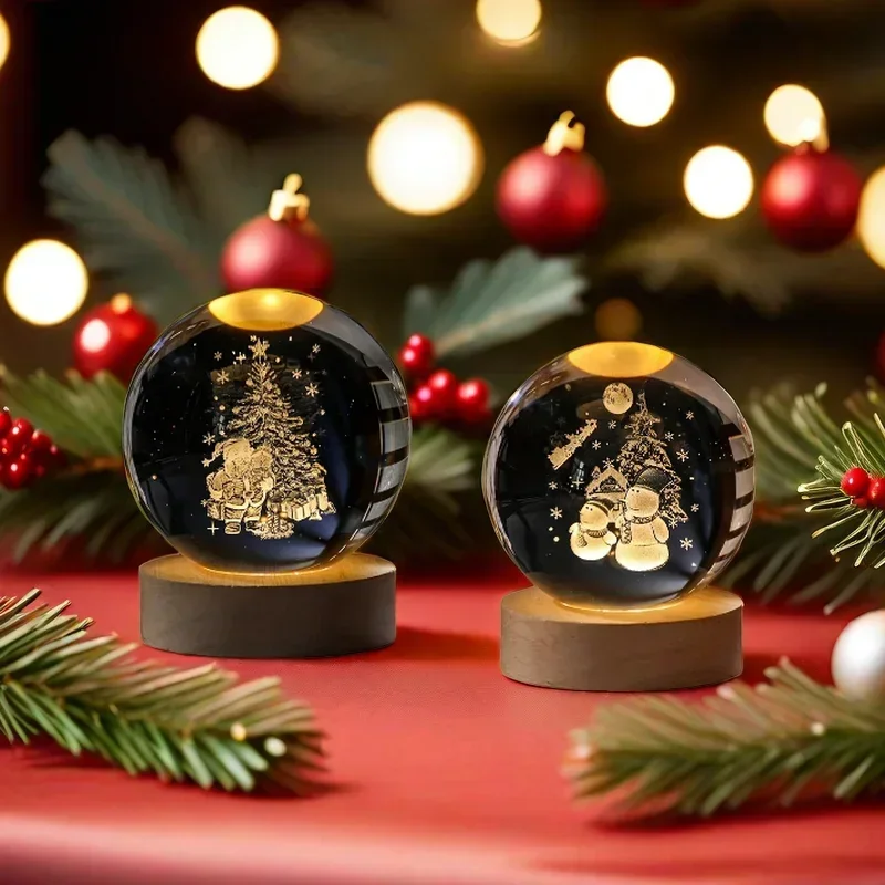 3D Crystal Ball Moon Planet Night Light Laser Engraved Saturn Globe Santa Clause Snowman Birthday Gift Home Space Desktop Decor