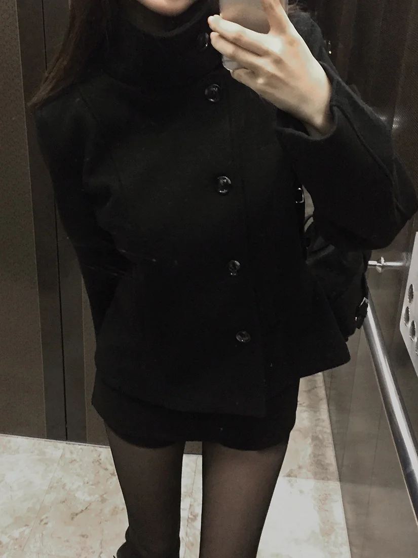 

Retro Elegance ort Stand Collar Bla Woolen Coat Women's Slim Fit Winter Outerwear Korean Sle Polyester Fiber Long Sve