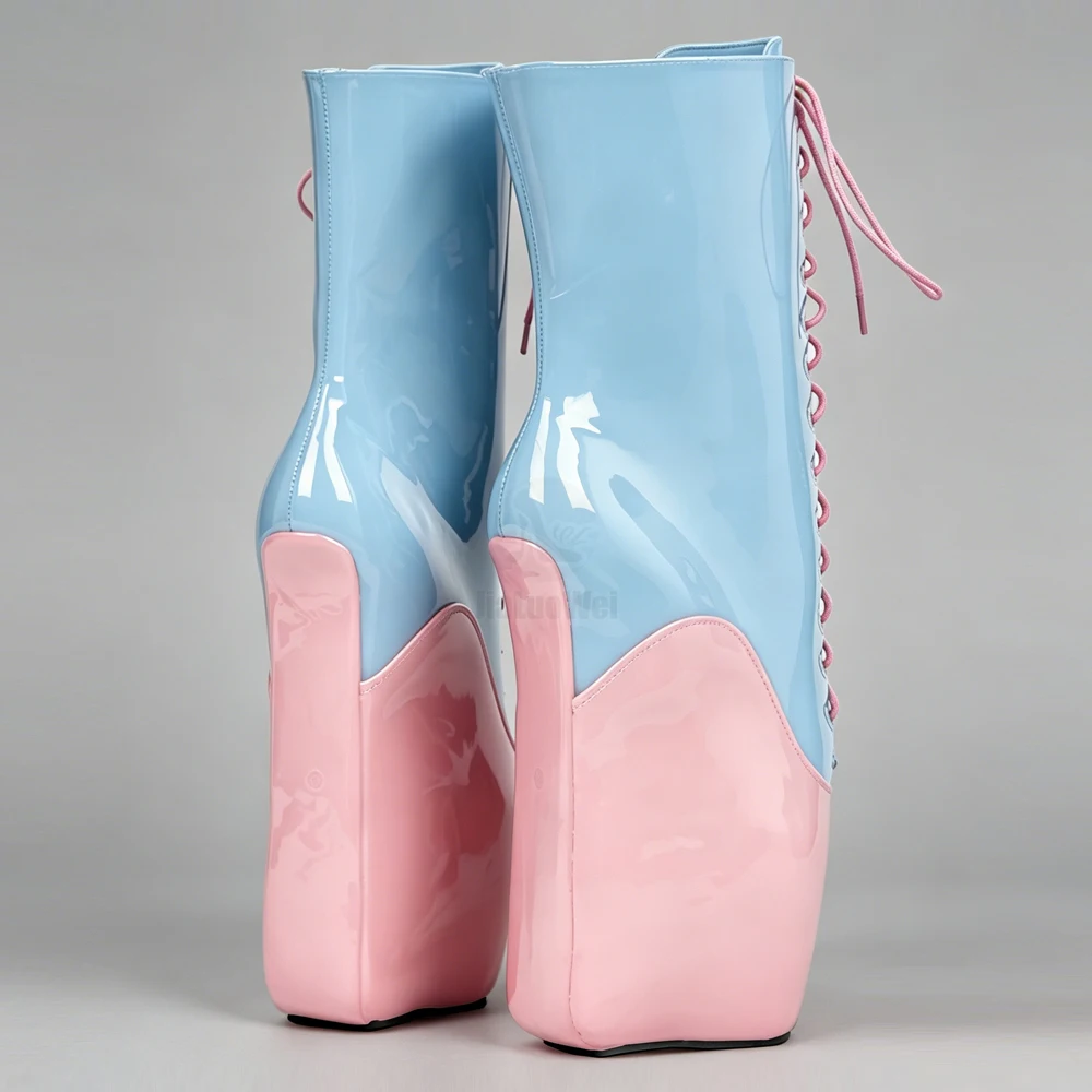 18CM Extreme High Heel Hoof Sole Heelless Wedge Ballet Boots Pastel Blue Pink Two-Tone Ultra High Heel Lace-Up Ankle Boots