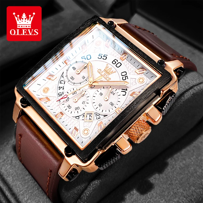 

OLEVS 9919 Men Watch Fashion Waterproof Brown Leather Strap High Quality Brand Luxury Hollow Out Square Sports Men Quartz Watch