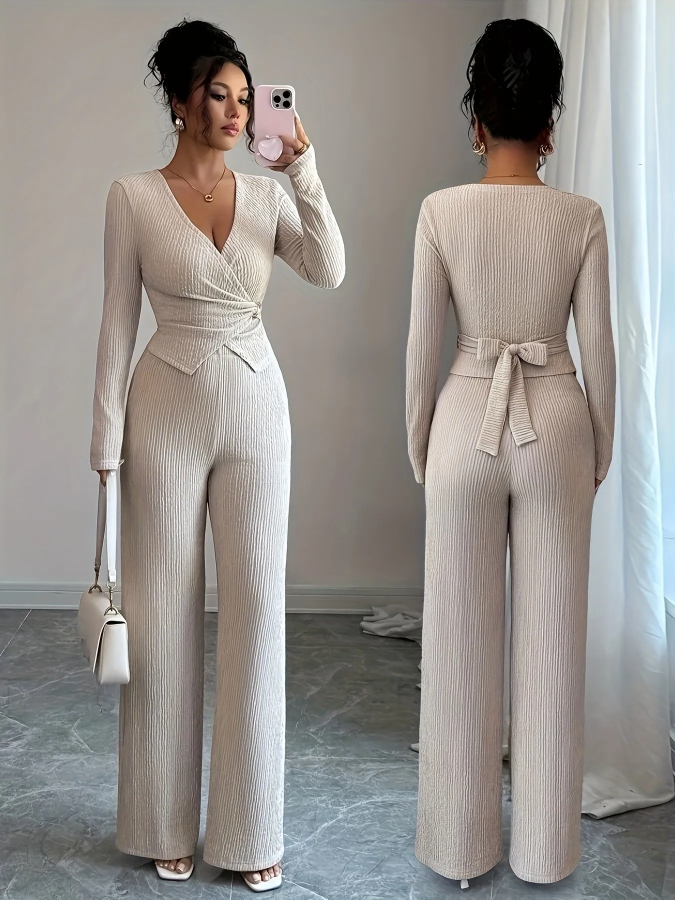 Women's long-sleeved top with trousers suit, casual style, autumn and winter style, solid color design, long-sleeved design with