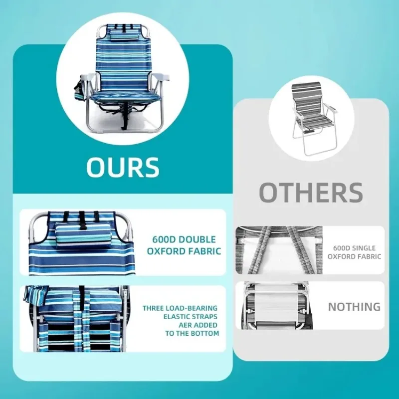 كراسي شاطئ جديدة للبالغين شديدة التحمل، كرسي شاطئ مسطح قابل للطي مع أشرطة حقيبة الظهر وحقيبة تبريد كبيرة #4