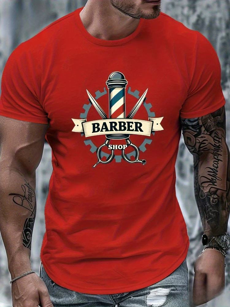 

Barber Shop Graphic-Retro Pole & Scissors design-100% cotton summer short sleeve O-neck casual printed men's T-shirt.