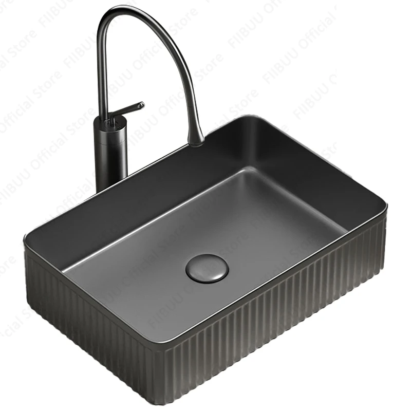 Striped Rectangular Grey Ceramic Vessel Sink Countertop Bathroom Table Sink Square Arch Art Washing Basin For Apartment Balcony