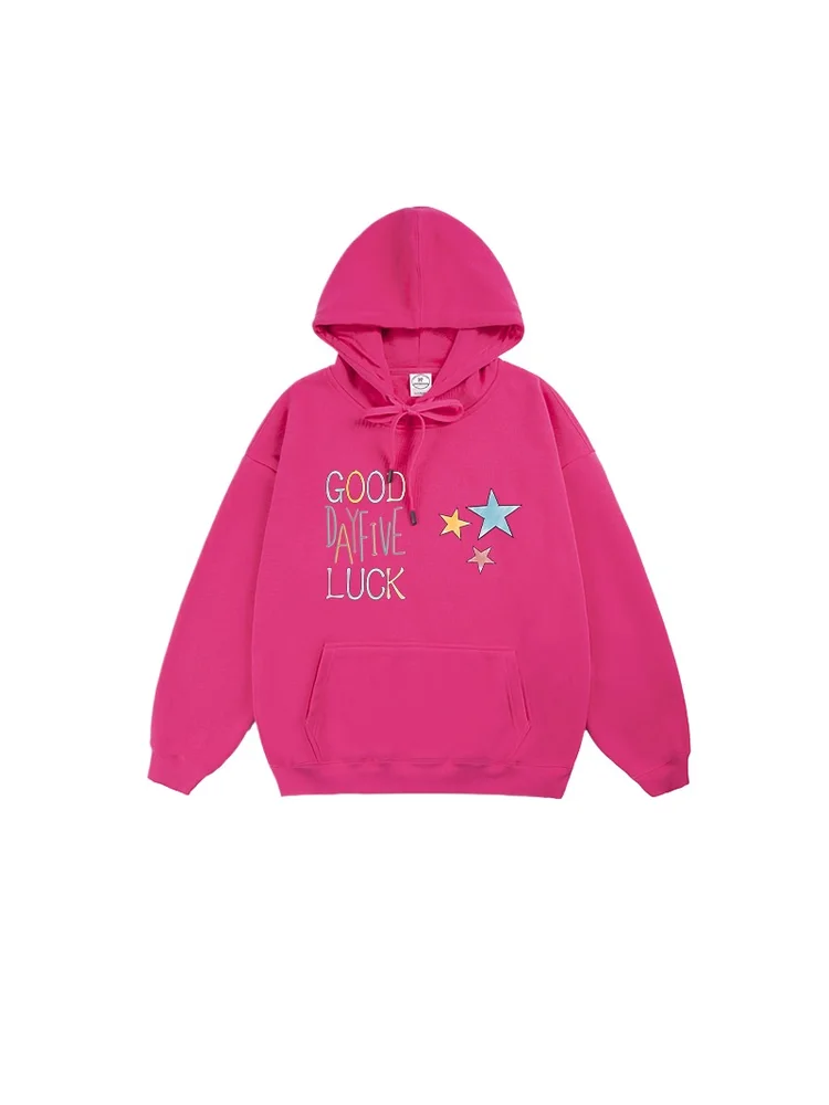 Otoño Invierno americano Retro Color sólido Top juventud Casual deportes colorido Lucky Star moda suelta cómoda suave Sudadera con capucha