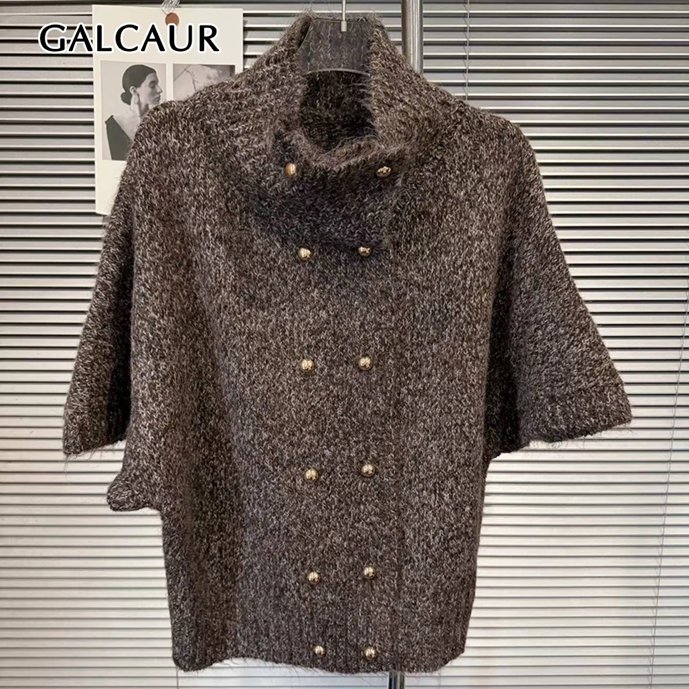 GALCAUR Colorblock Spliced Fluffy Loose Sweater for Women High Collar Short Sleeve Patchwork Double Breasted Sweaters Female New