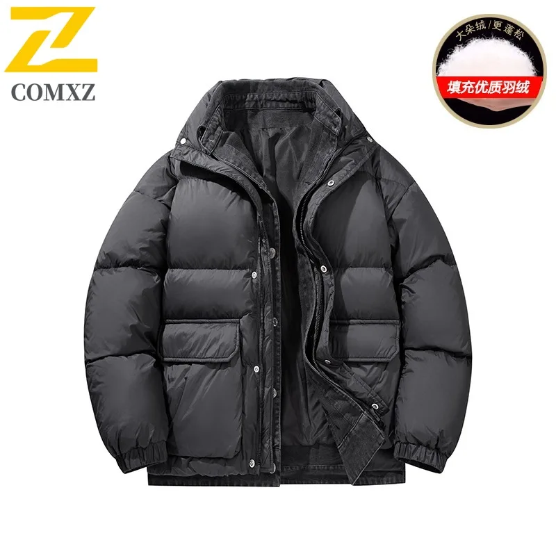 COMXZ Luxury Down Jacket Stand Collar Fake Two-Piece Cold Protection Coat Hiking Travel Winter Wear Lightweight Puffer Jacket