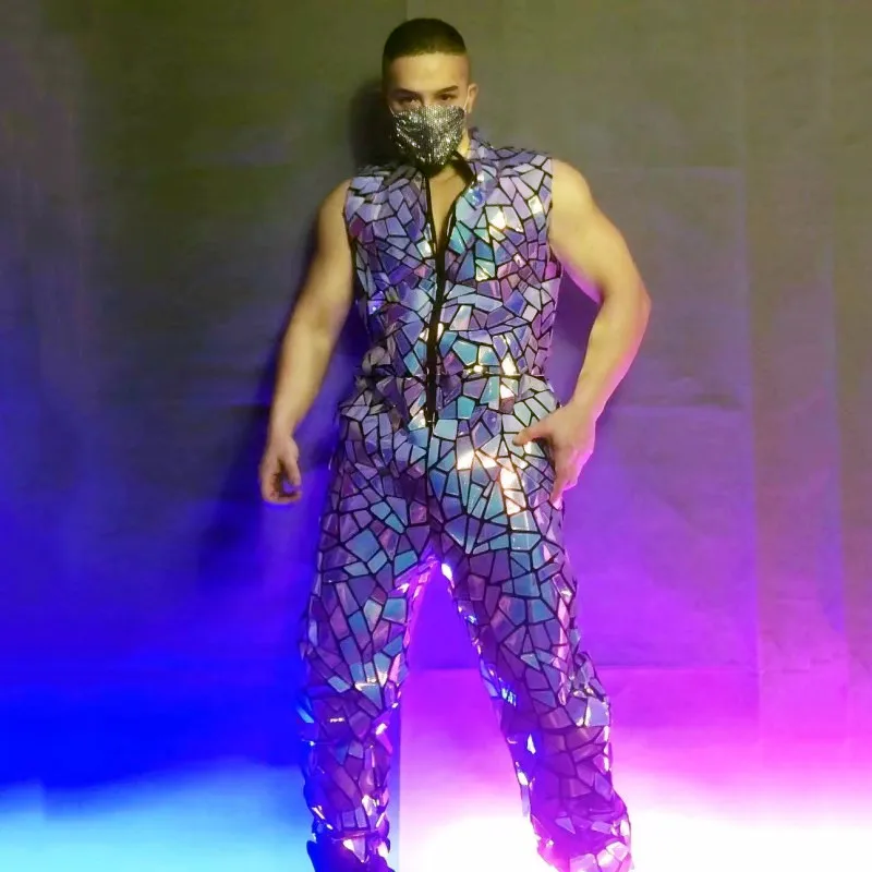 

Reflective Laser Sequins Sleeveless Jumpsuit Mirror Overalls Men Singer Bar Nightclub Hip Hop Rock Dance Costume Band Stage Wear