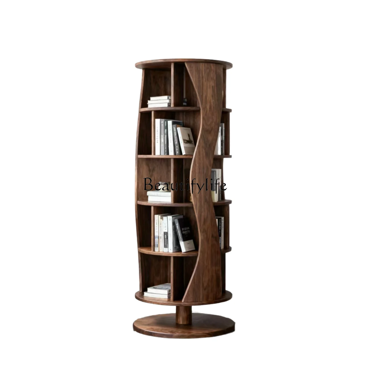 

North American black walnut solid wood rotating bookshelf round trapezoidal modern bookcase
