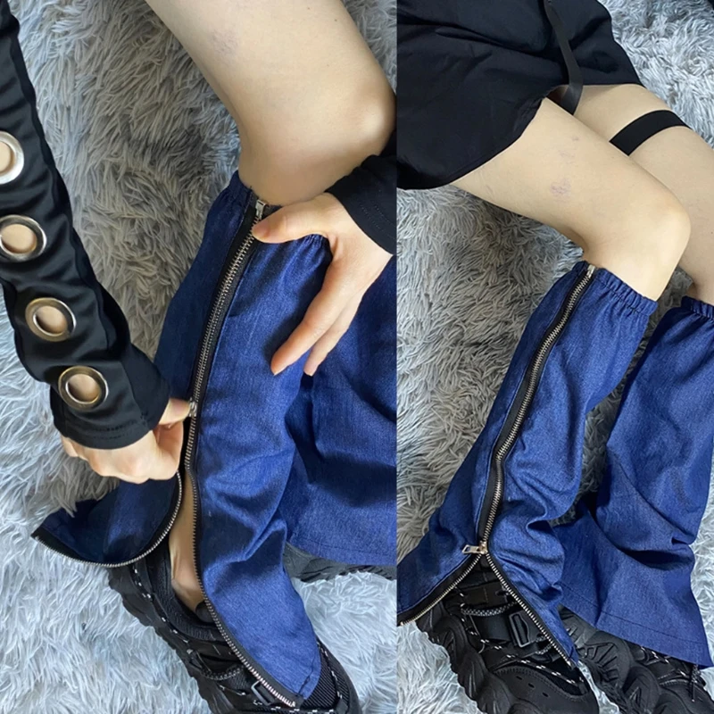 Japanese Women Blue Leg Warmers Harajuku Gothic Punk Side Zippers Calf-Length Socks Summer Sunscreen Foot Cover