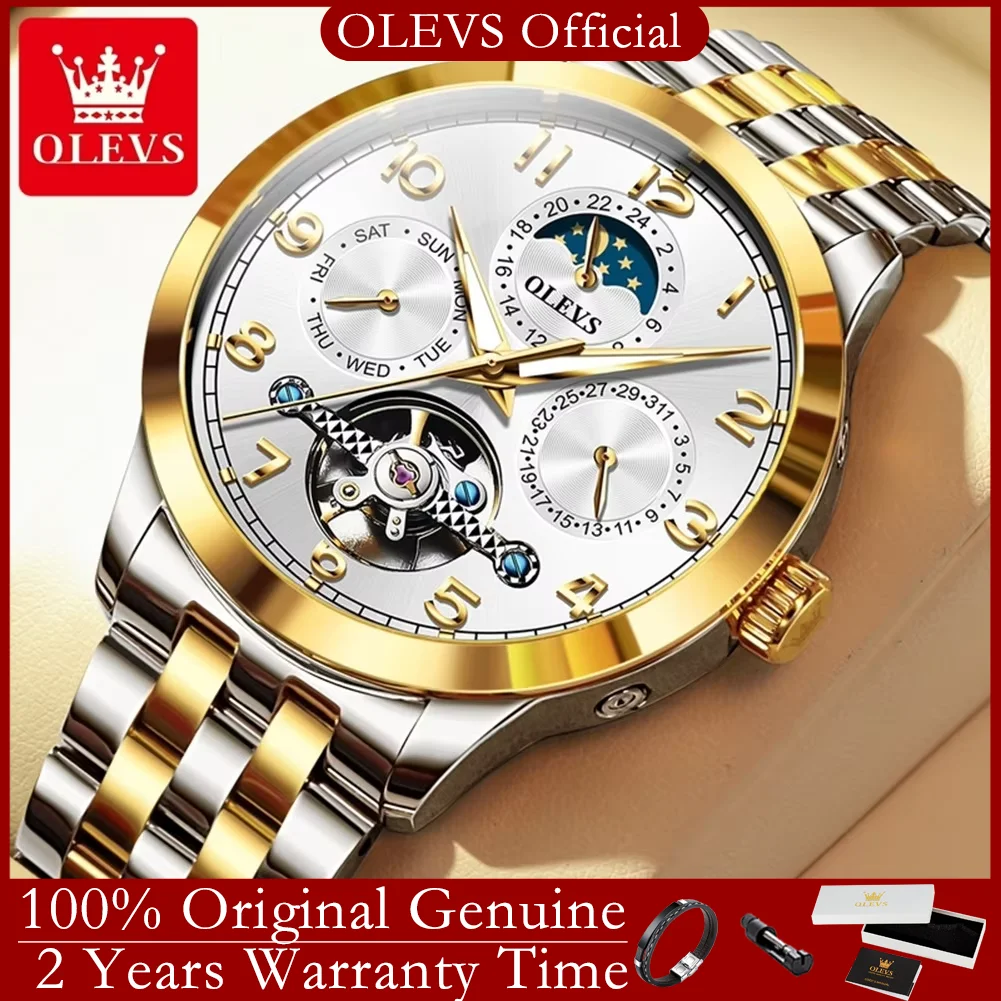 

OLEVS 7018 Men's Watches Dgital Dial Skeleton Flywheel Automatic Mechanical Wristwatch Luxury Moon Phase Week Calendar Man Watch