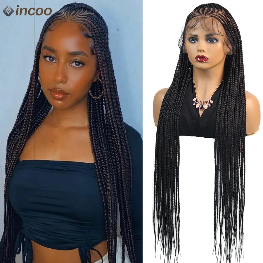 36Inch Handmade Synthetic Cornrow Braided Wigs Full Lace Fulani Braids Wig Goddess Knotless Box Braided Lace Wig For Black Women