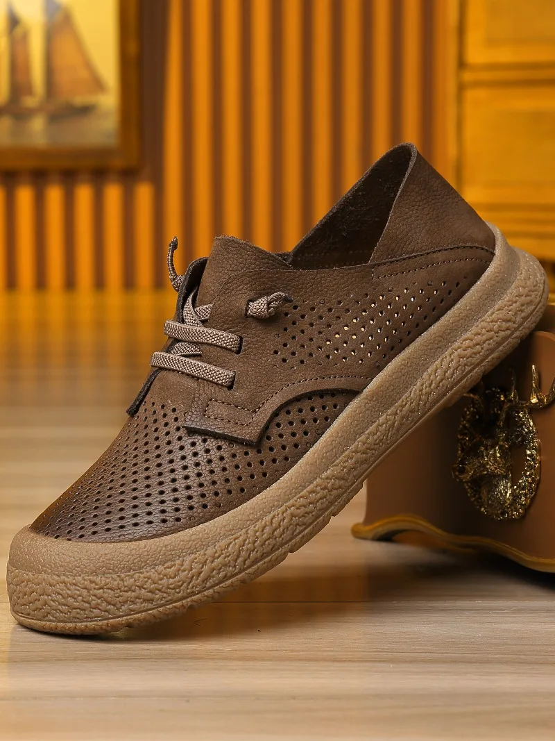 Genuine Leather Men's Shoes Cow Leather Summer Breathable Soft Bottom Hollow Out Casual Cowhide Male Thick Sole Work Shoes