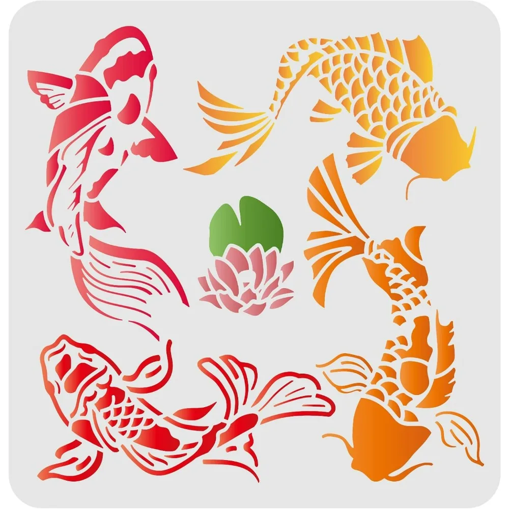 Koi Lotus DIY Stencils Wall Painting Stencil 11.8x11.8inch Carp Fish Drawing Stencils Reusable Mylar DIY Art Craft Painting