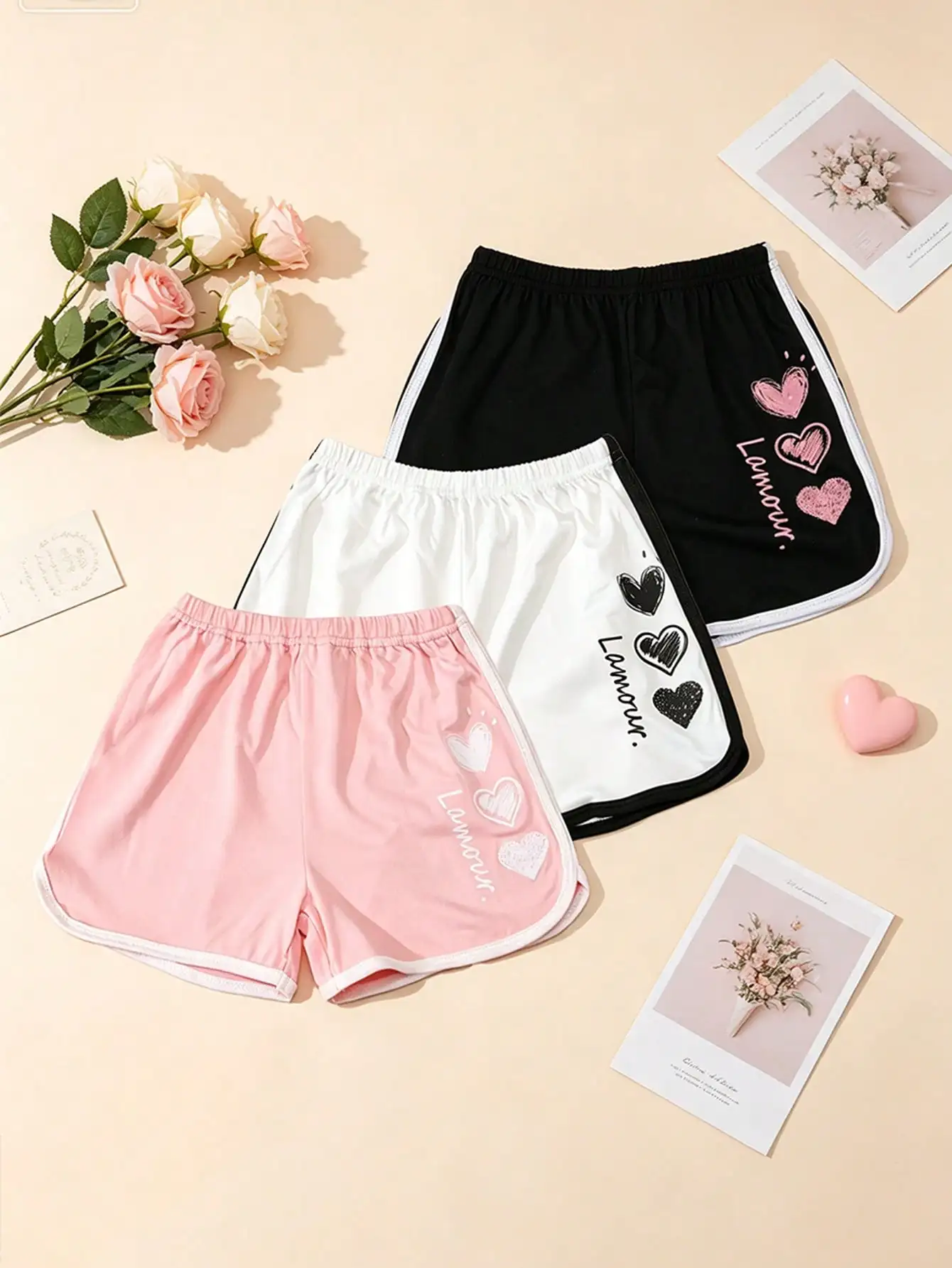 2-11Y Kids Girls 3Pcs/Lot Graffiti Heart Print Shorts Polyester Spandex Elastic Waist Casual Shorts for Daily, Sports & Beach